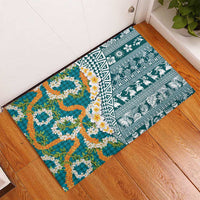 Hawaiian Plumeria Lei Rubber Doormat Kakau Motifs and Palaka Half Style Turquoise Color LT03 - Polynesian Pride