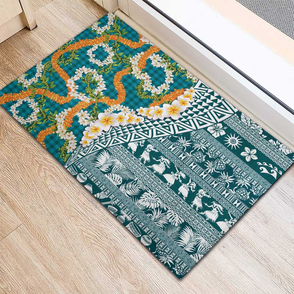 Hawaiian Plumeria Lei Rubber Doormat Kakau Motifs and Palaka Half Style Turquoise Color LT03 - Polynesian Pride
