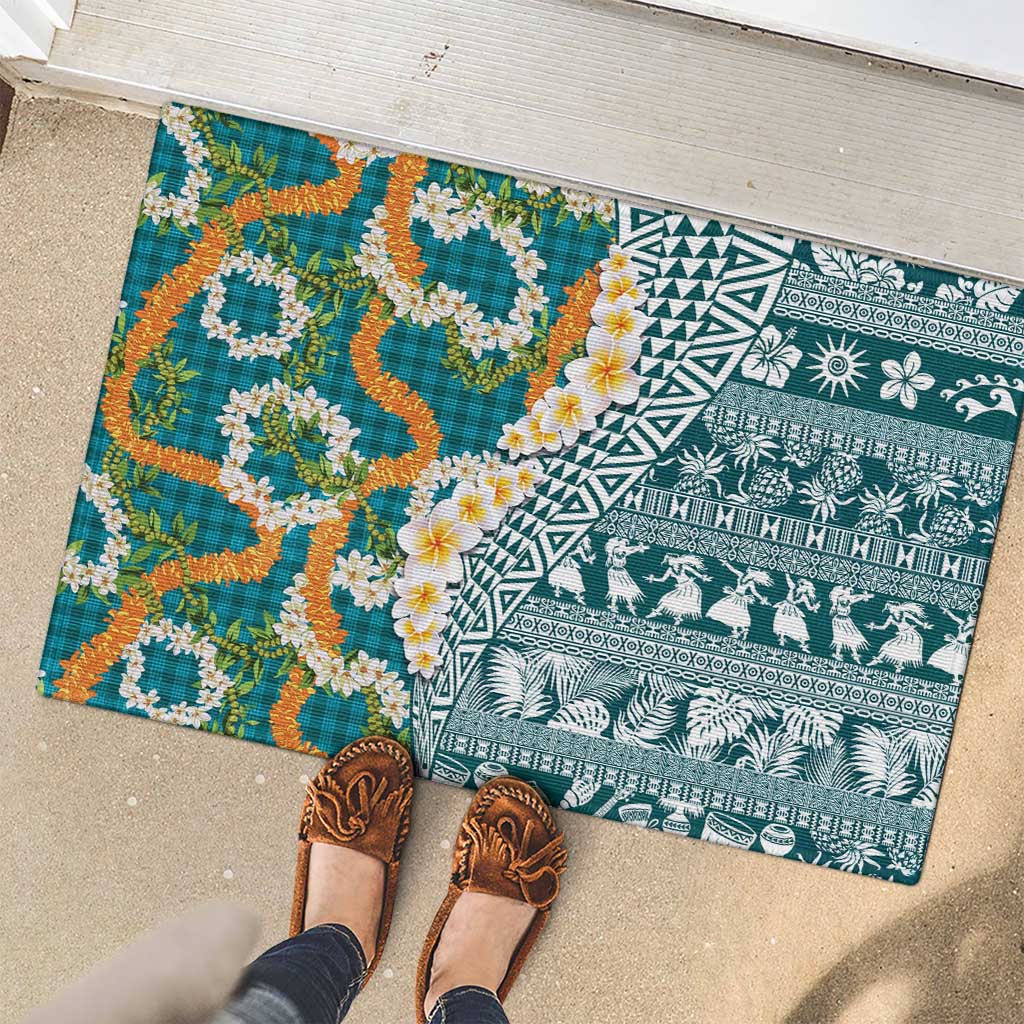 Hawaiian Plumeria Lei Rubber Doormat Kakau Motifs and Palaka Half Style Turquoise Color LT03 - Polynesian Pride