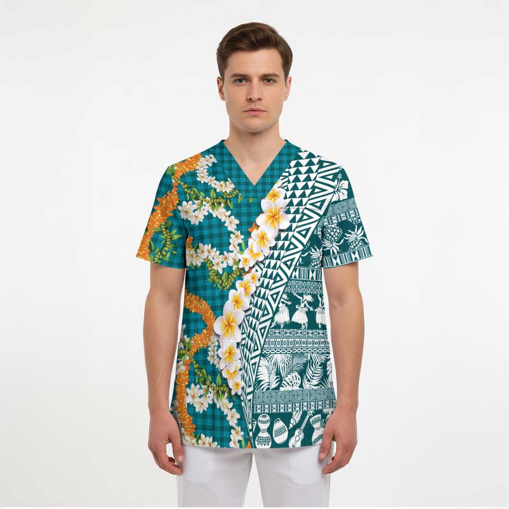 Hawaiian Plumeria Lei Scrub Top Kakau Motifs and Palaka Half Style Turquoise Color - Polynesian Pride