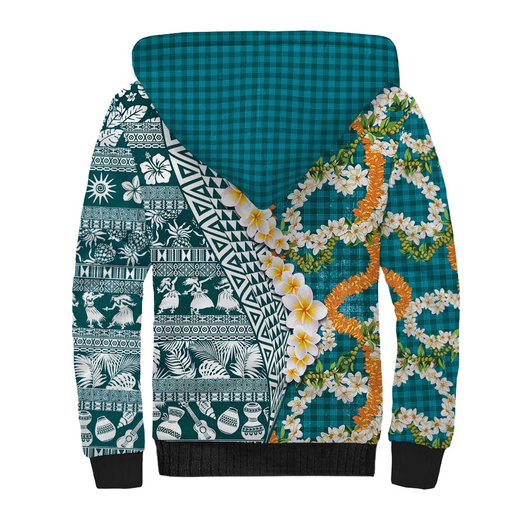 Hawaiian Plumeria Lei Sherpa Hoodie Kakau Motifs and Palaka Half Style Turquoise Color - Polynesian Pride