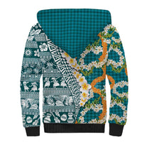 Hawaiian Plumeria Lei Sherpa Hoodie Kakau Motifs and Palaka Half Style Turquoise Color - Polynesian Pride