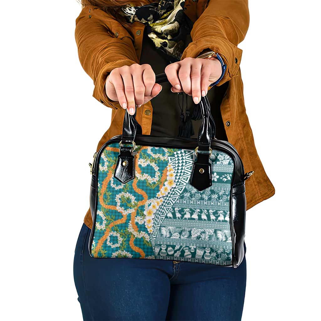 Hawaiian Plumeria Lei Shoulder Handbag Kakau Motifs and Palaka Half Style Turquoise Color LT03 One Size Turquoise - Polynesian Pride