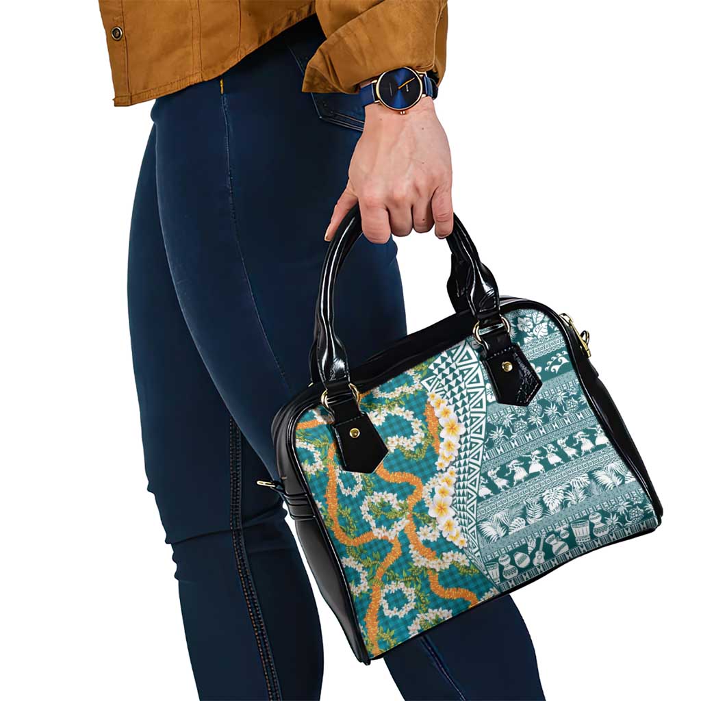 Hawaiian Plumeria Lei Shoulder Handbag Kakau Motifs and Palaka Half Style Turquoise Color LT03 - Polynesian Pride