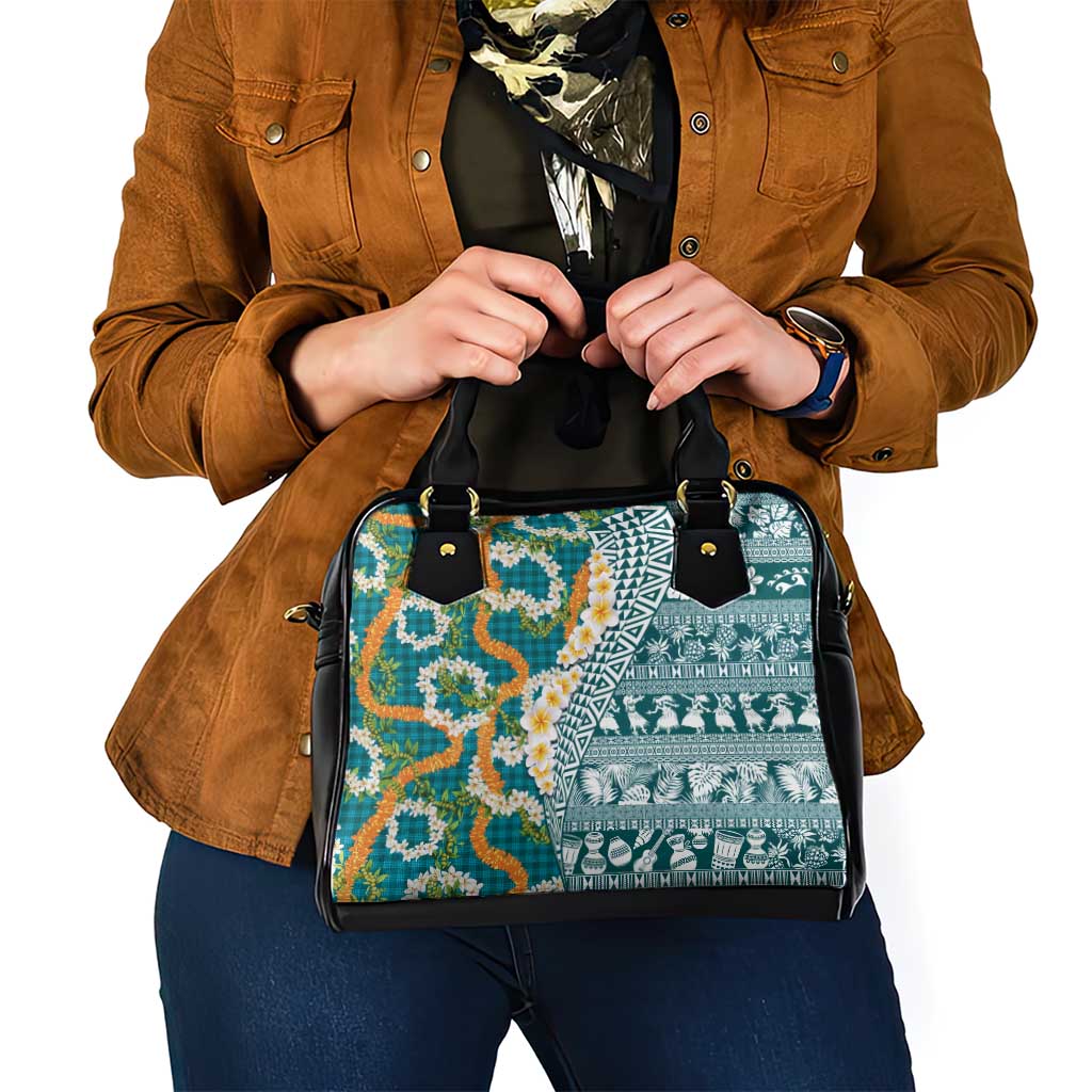 Hawaiian Plumeria Lei Shoulder Handbag Kakau Motifs and Palaka Half Style Turquoise Color LT03 - Polynesian Pride