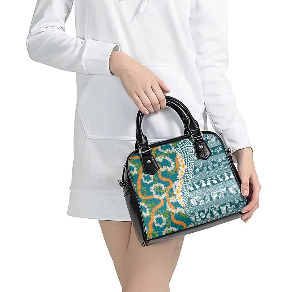 Hawaiian Plumeria Lei Shoulder Handbag Kakau Motifs and Palaka Half Style Turquoise Color LT03 - Polynesian Pride