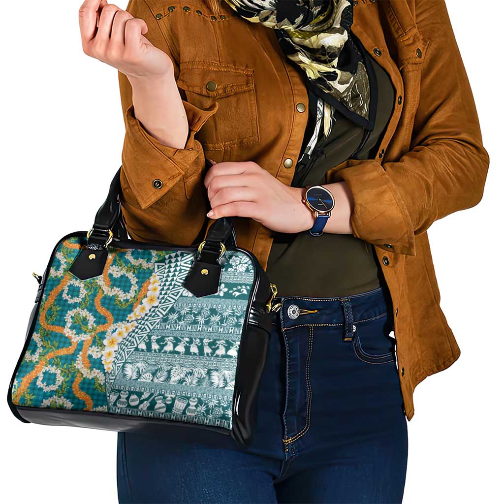 Hawaiian Plumeria Lei Shoulder Handbag Kakau Motifs and Palaka Half Style Turquoise Color LT03 - Polynesian Pride