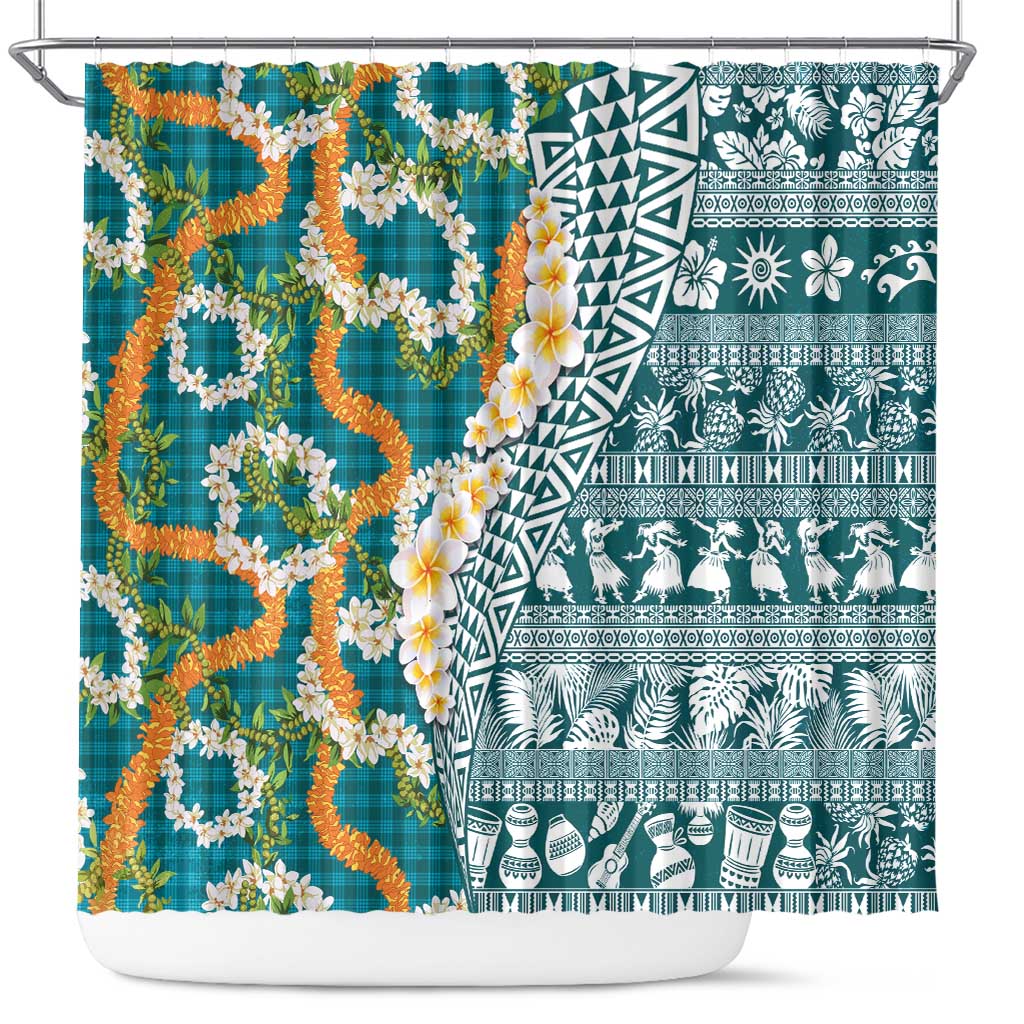 Hawaiian Plumeria Lei Shower Curtain Kakau Motifs and Palaka Half Style Turquoise Color - Polynesian Pride
