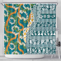 Hawaiian Plumeria Lei Shower Curtain Kakau Motifs and Palaka Half Style Turquoise Color - Polynesian Pride