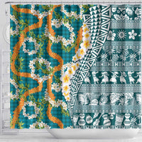 Hawaiian Plumeria Lei Shower Curtain Kakau Motifs and Palaka Half Style Turquoise Color - Polynesian Pride