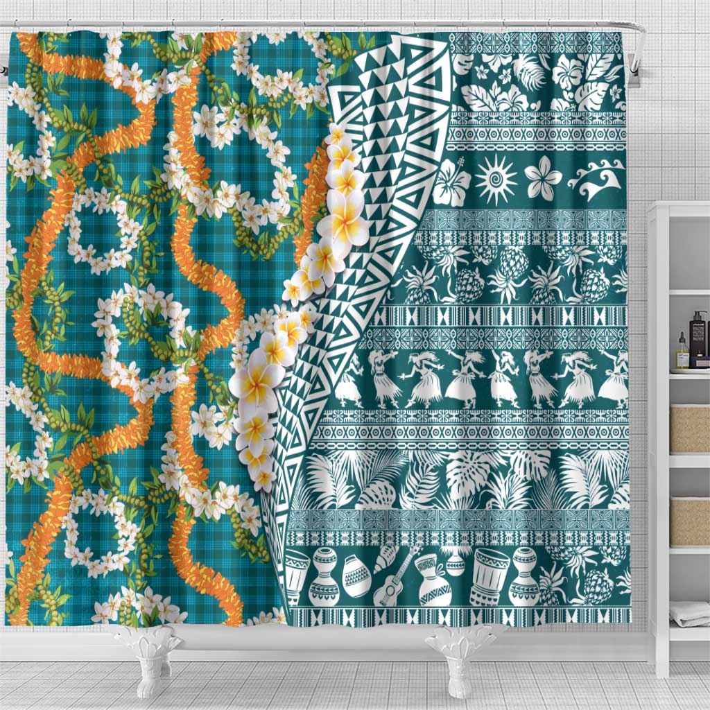 Hawaiian Plumeria Lei Shower Curtain Kakau Motifs and Palaka Half Style Turquoise Color - Polynesian Pride