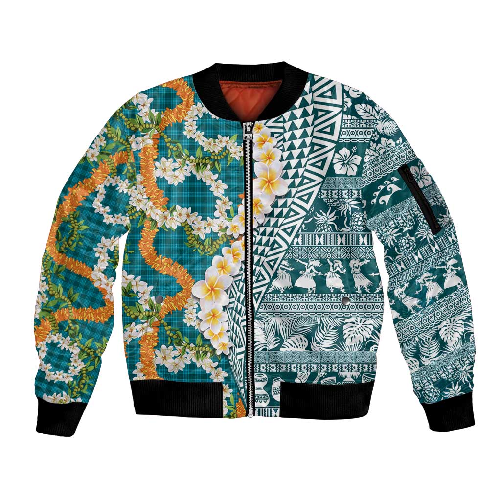 Hawaiian Plumeria Lei Sleeve Zip Bomber Jacket Kakau Motifs and Palaka Half Style Turquoise Color - Polynesian Pride