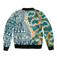 Hawaiian Plumeria Lei Sleeve Zip Bomber Jacket Kakau Motifs and Palaka Half Style Turquoise Color - Polynesian Pride