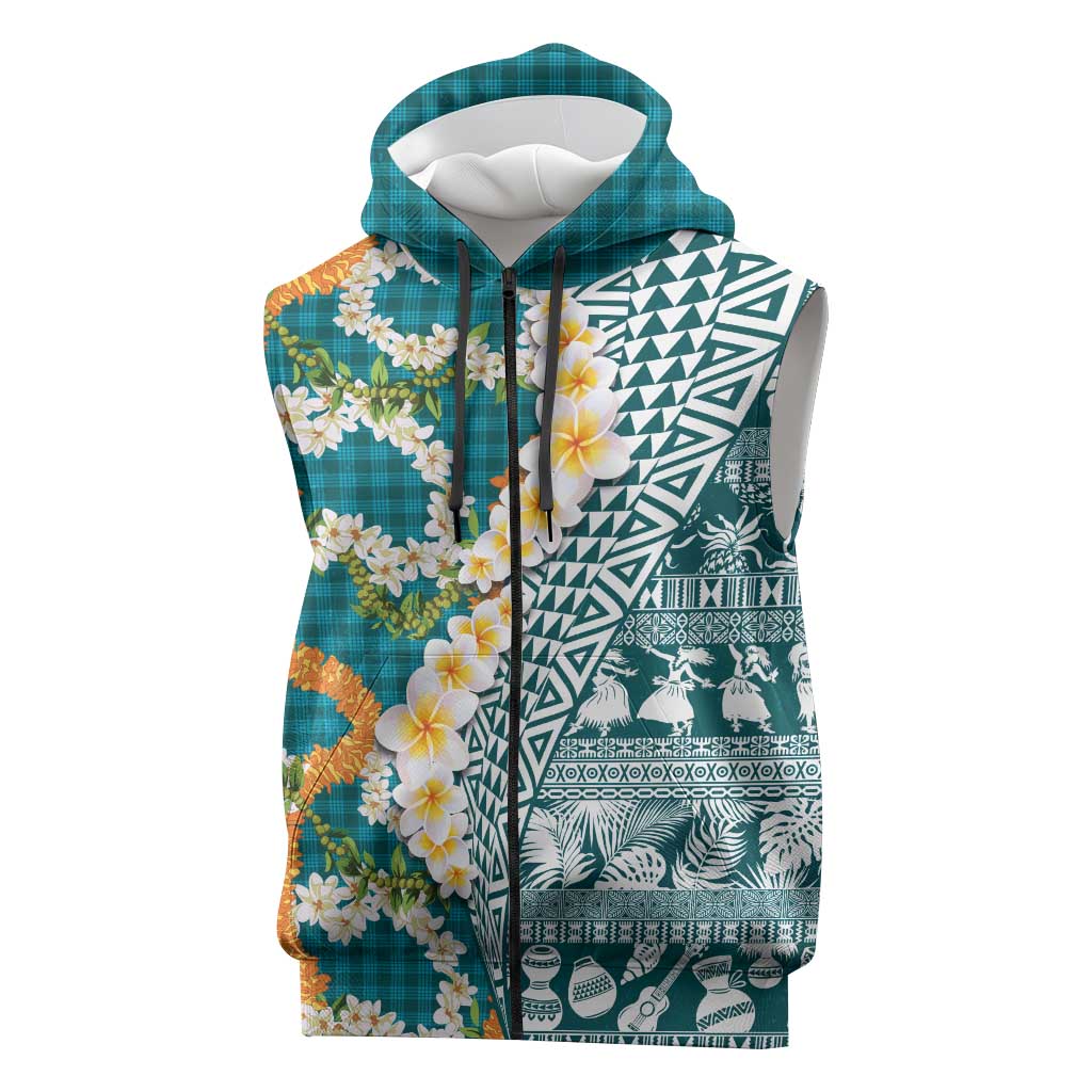 Hawaiian Plumeria Lei Sleeveless Zip Hoodie Kakau Motifs and Palaka Half Style Turquoise Color - Polynesian Pride