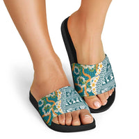Hawaiian Plumeria Lei Slide Sandals Kakau Motifs and Palaka Half Style Turquoise Color - Polynesian Pride