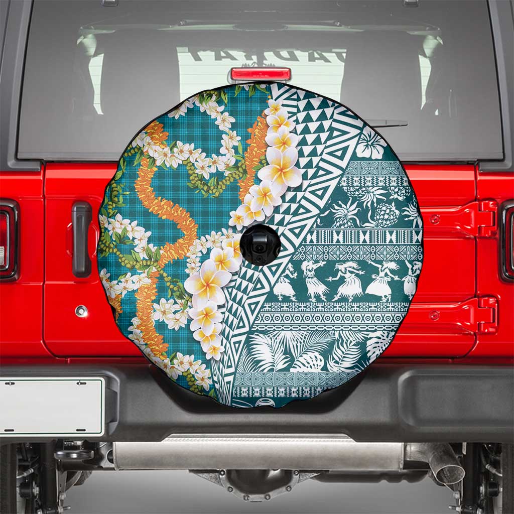 Hawaiian Plumeria Lei Spare Tire Cover Kakau Motifs and Palaka Half Style Turquoise Color - Polynesian Pride