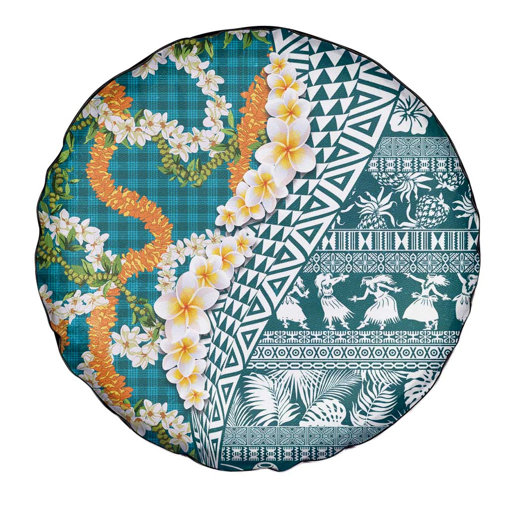 Hawaiian Plumeria Lei Spare Tire Cover Kakau Motifs and Palaka Half Style Turquoise Color - Polynesian Pride