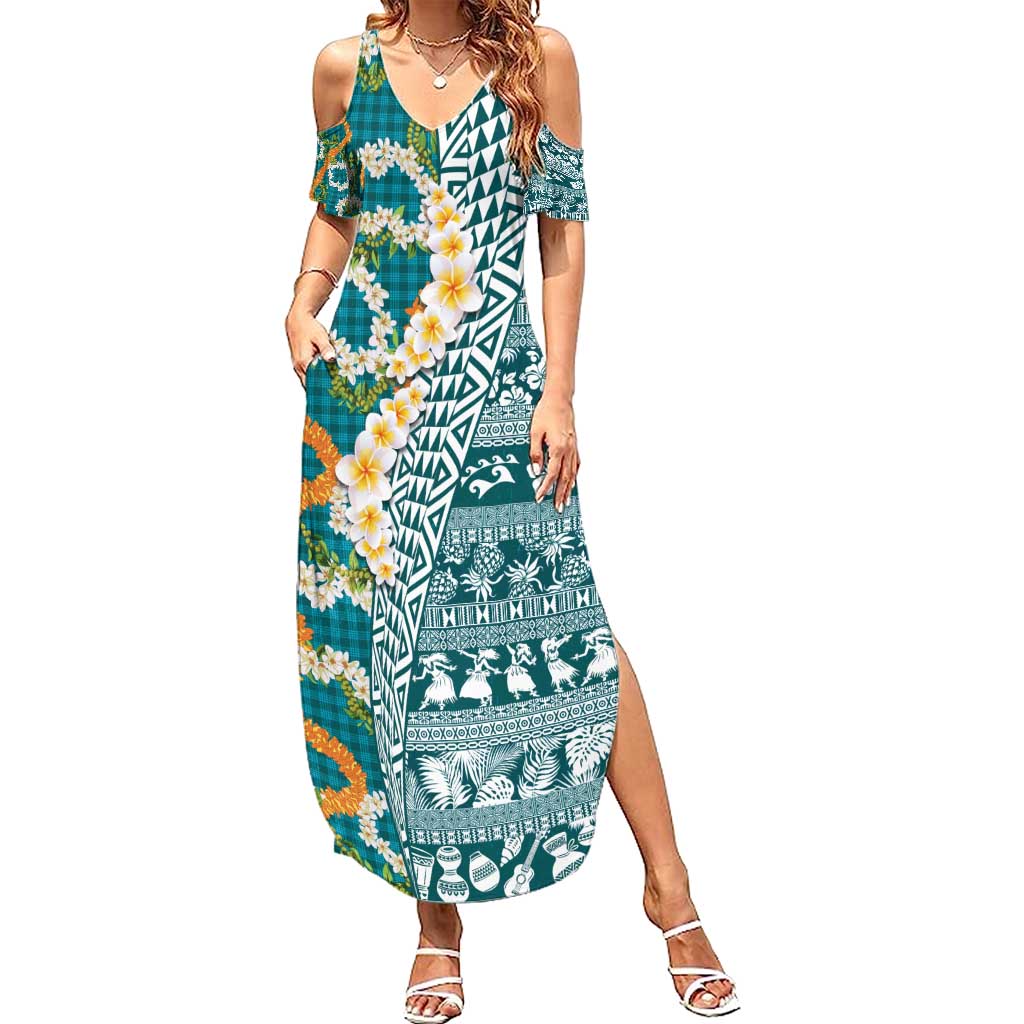 Hawaiian Plumeria Lei Summer Maxi Dress Kakau Motifs and Palaka Half Style Turquoise Color - Polynesian Pride