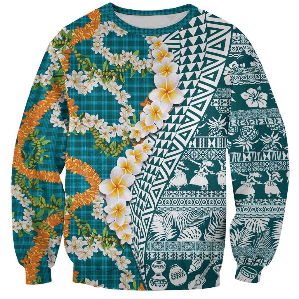 Hawaiian Plumeria Lei Sweatshirt Kakau Motifs and Palaka Half Style Turquoise Color LT03 Unisex Turquoise - Polynesian Pride