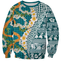 Hawaiian Plumeria Lei Sweatshirt Kakau Motifs and Palaka Half Style Turquoise Color LT03 Unisex Turquoise - Polynesian Pride