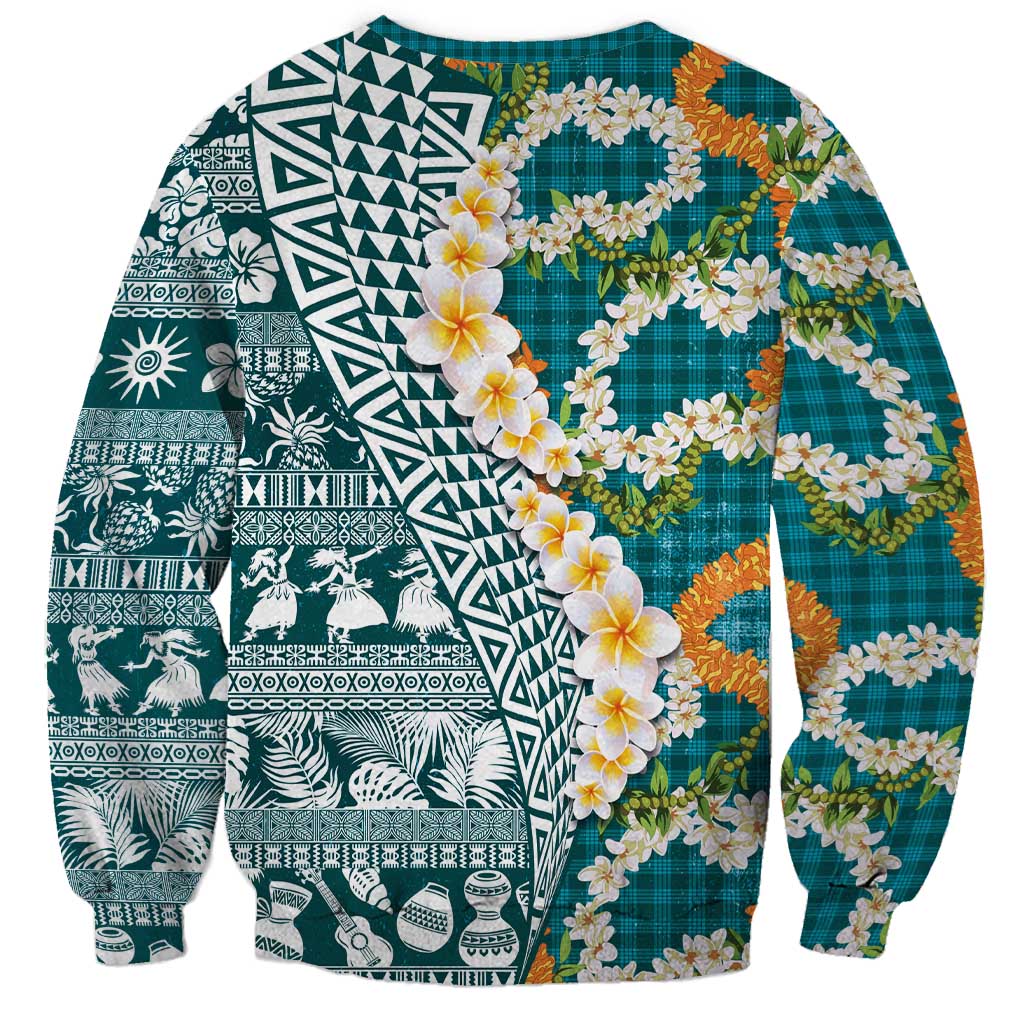 Hawaiian Plumeria Lei Sweatshirt Kakau Motifs and Palaka Half Style Turquoise Color LT03 - Polynesian Pride