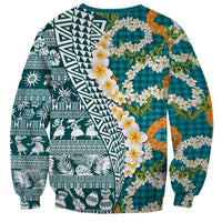 Hawaiian Plumeria Lei Sweatshirt Kakau Motifs and Palaka Half Style Turquoise Color LT03 - Polynesian Pride
