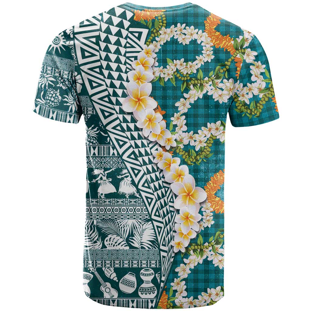 Hawaiian Plumeria Lei T Shirt Kakau Motifs and Palaka Half Style Turquoise Color - Polynesian Pride