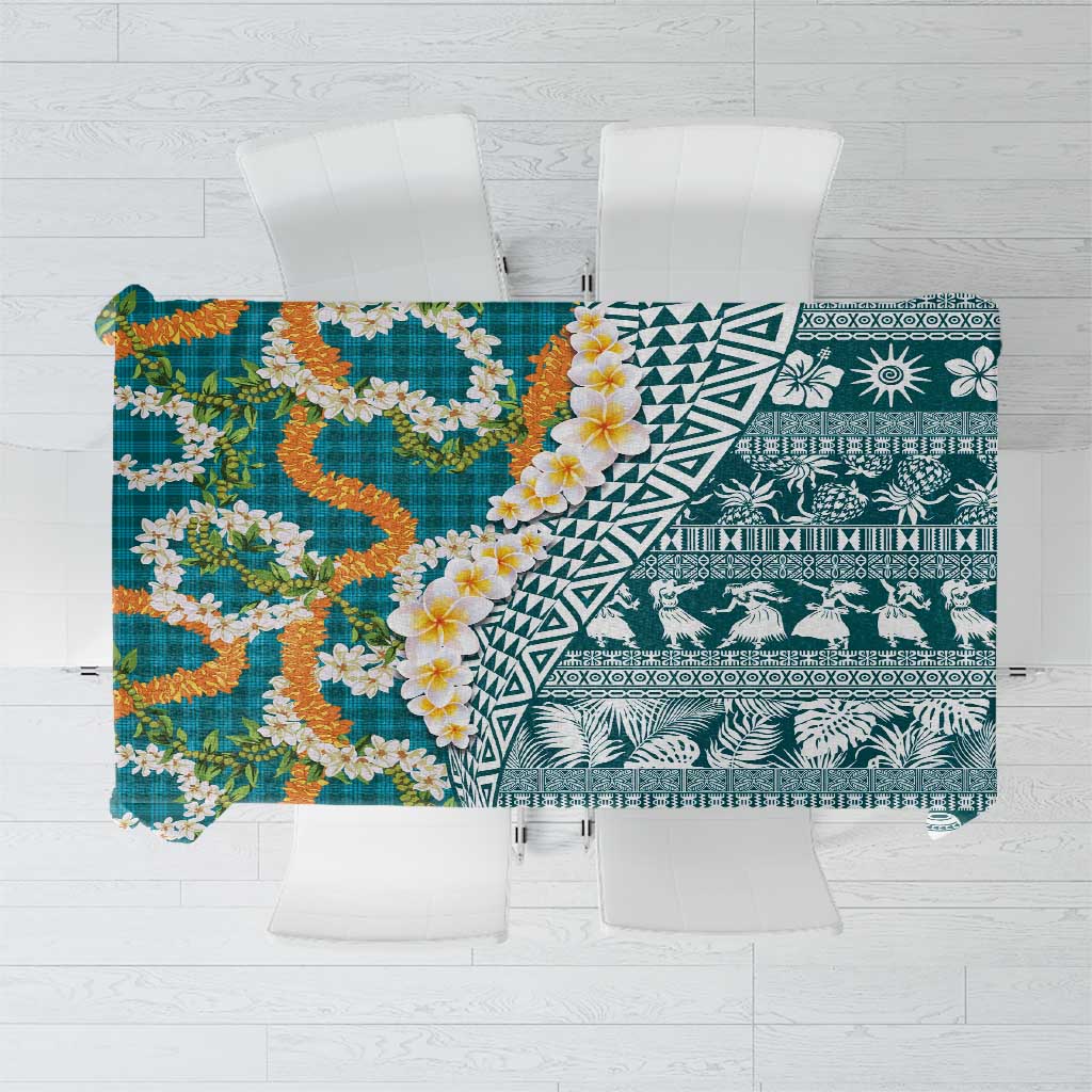 Hawaiian Plumeria Lei Tablecloth Kakau Motifs and Palaka Half Style Turquoise Color LT03 Turquoise - Polynesian Pride