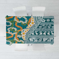 Hawaiian Plumeria Lei Tablecloth Kakau Motifs and Palaka Half Style Turquoise Color LT03 Turquoise - Polynesian Pride