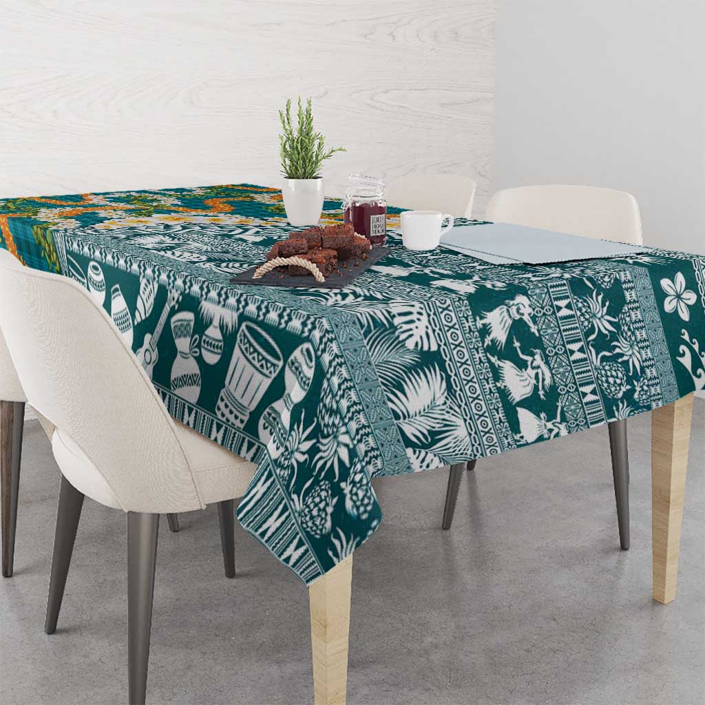 Hawaiian Plumeria Lei Tablecloth Kakau Motifs and Palaka Half Style Turquoise Color LT03 - Polynesian Pride