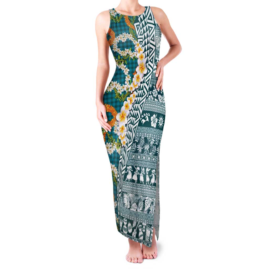 Hawaiian Plumeria Lei Tank Maxi Dress Kakau Motifs and Palaka Half Style Turquoise Color - Polynesian Pride
