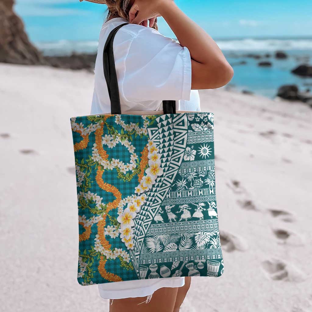 Hawaiian Plumeria Lei Tote Bag Kakau Motifs and Palaka Half Style Turquoise Color - Polynesian Pride