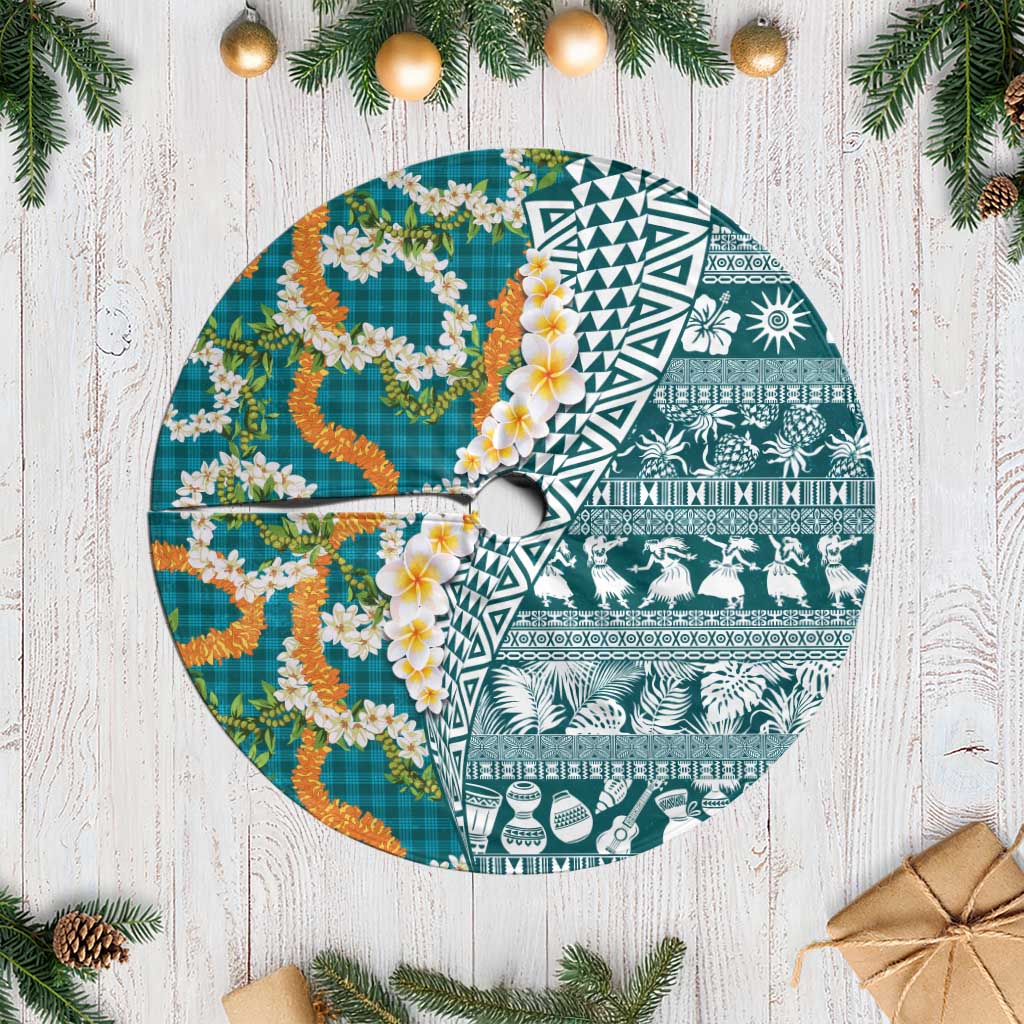 Hawaiian Plumeria Lei Tree Skirt Kakau Motifs and Palaka Half Style Turquoise Color - Polynesian Pride
