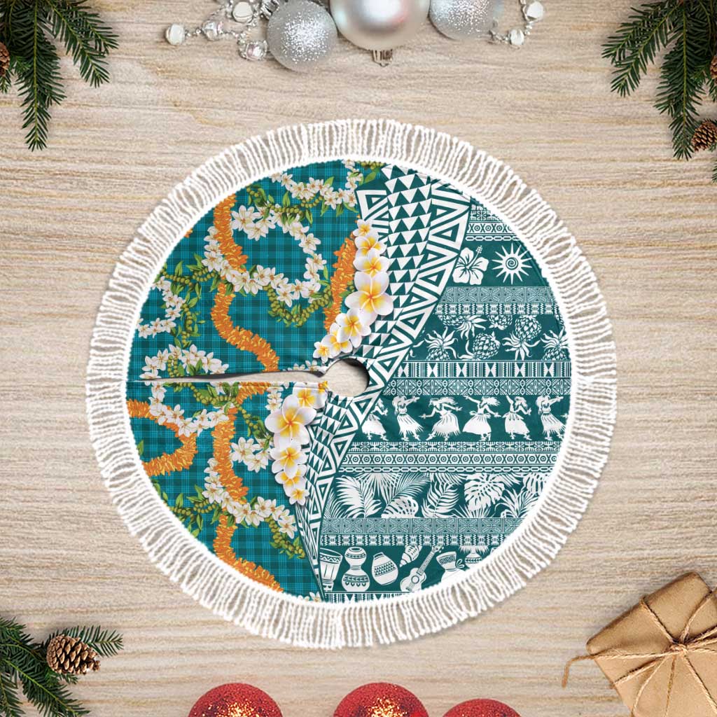 Hawaiian Plumeria Lei Tree Skirt Kakau Motifs and Palaka Half Style Turquoise Color - Polynesian Pride