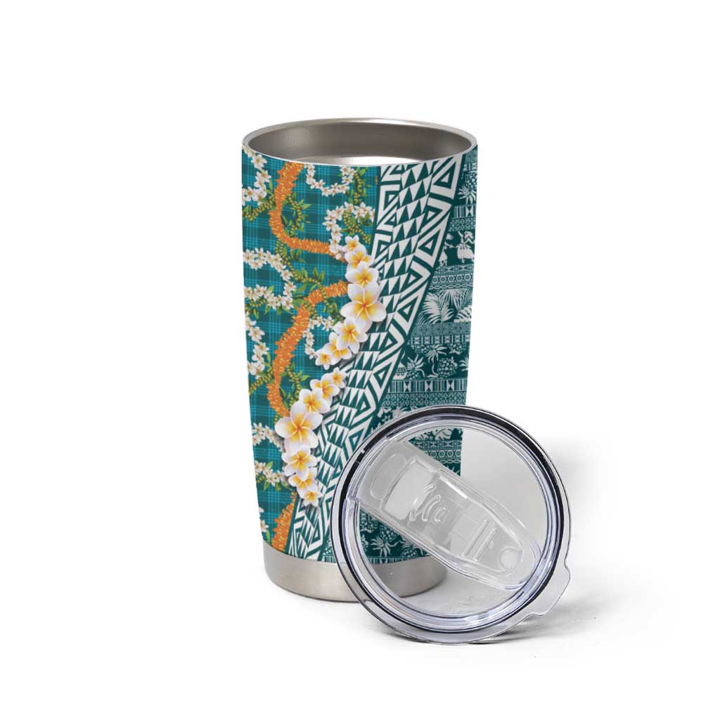 Hawaiian Plumeria Lei Tumbler Cup Kakau Motifs and Palaka Half Style Turquoise Color - Polynesian Pride