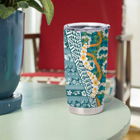 Hawaiian Plumeria Lei Tumbler Cup Kakau Motifs and Palaka Half Style Turquoise Color - Polynesian Pride
