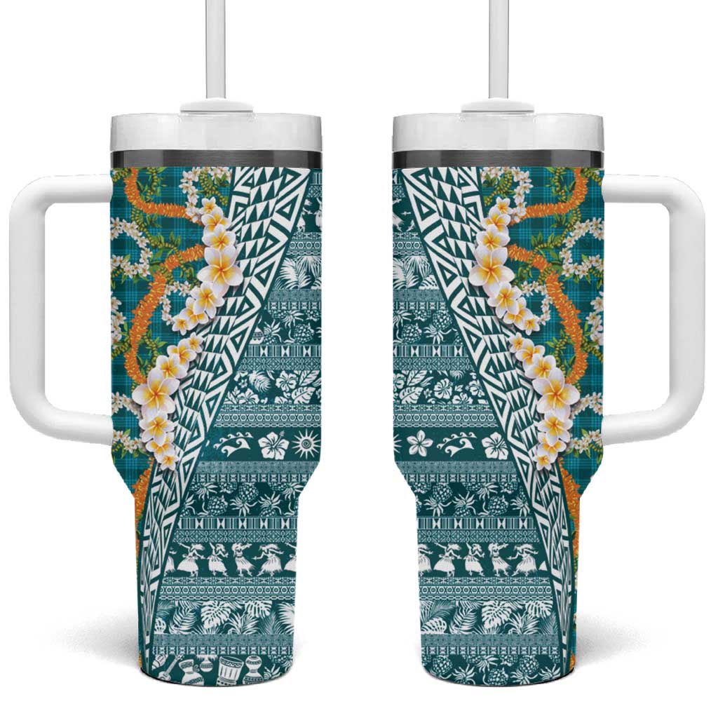 Hawaiian Plumeria Lei Tumbler With Handle Kakau Motifs and Palaka Half Style Turquoise Color - Polynesian Pride