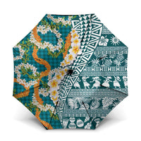 Hawaiian Plumeria Lei Umbrella Kakau Motifs and Palaka Half Style Turquoise Color LT03 One Size Folded 11.42 inch Opened Diameter 37.4 inch Turquoise - Polynesian Pride