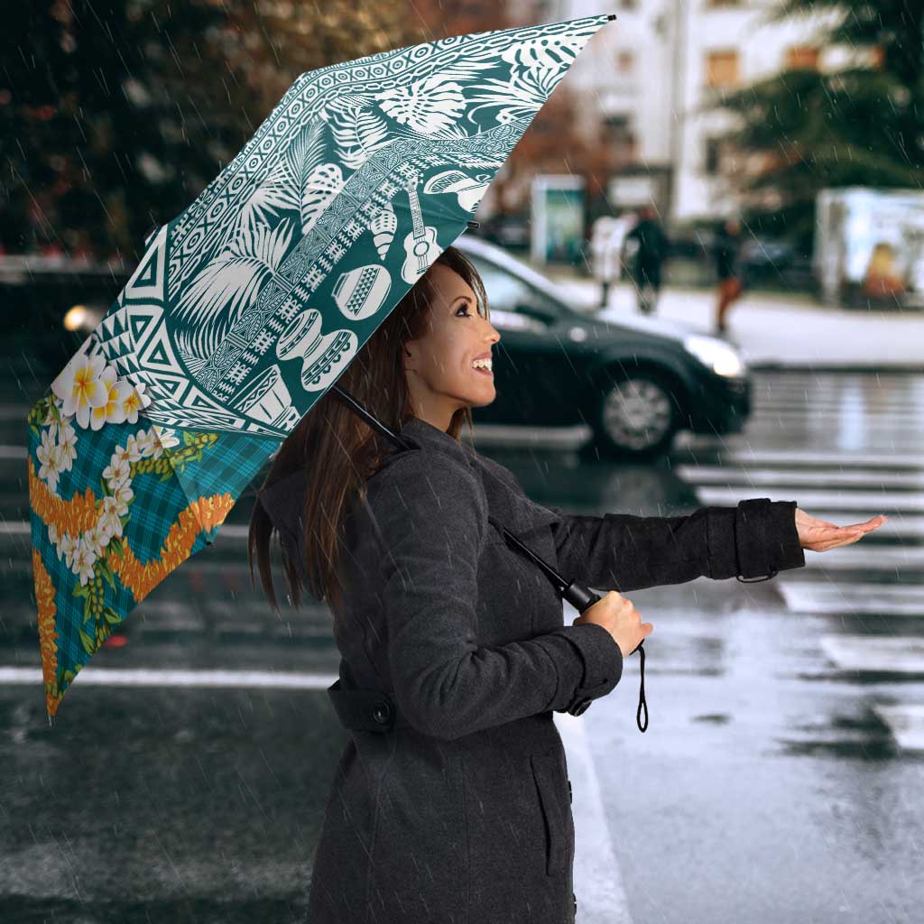 Hawaiian Plumeria Lei Umbrella Kakau Motifs and Palaka Half Style Turquoise Color LT03 - Polynesian Pride