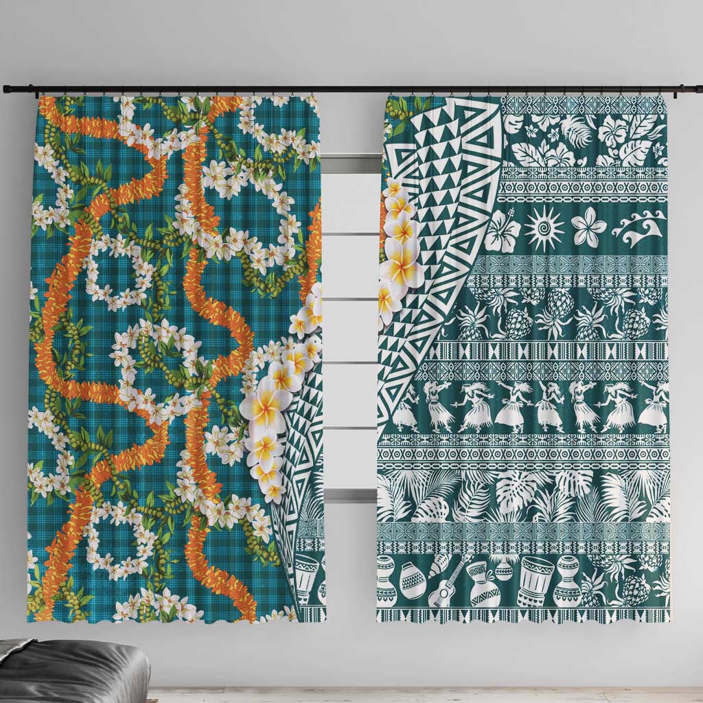 Hawaiian Plumeria Lei Window Curtain Kakau Motifs and Palaka Half Style Turquoise Color - Polynesian Pride