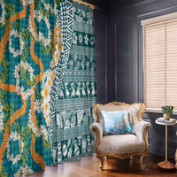 Hawaiian Plumeria Lei Window Curtain Kakau Motifs and Palaka Half Style Turquoise Color - Polynesian Pride