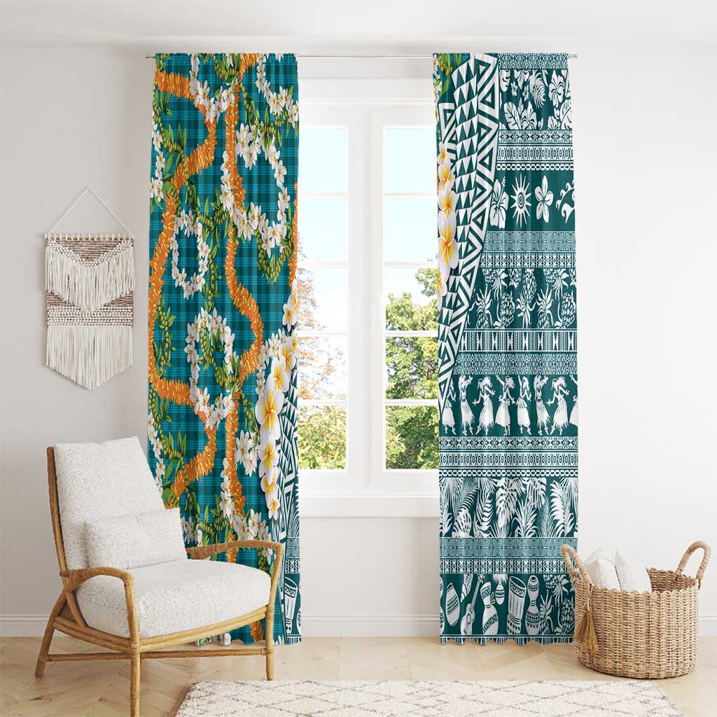 Hawaiian Plumeria Lei Window Curtain Kakau Motifs and Palaka Half Style Turquoise Color - Polynesian Pride
