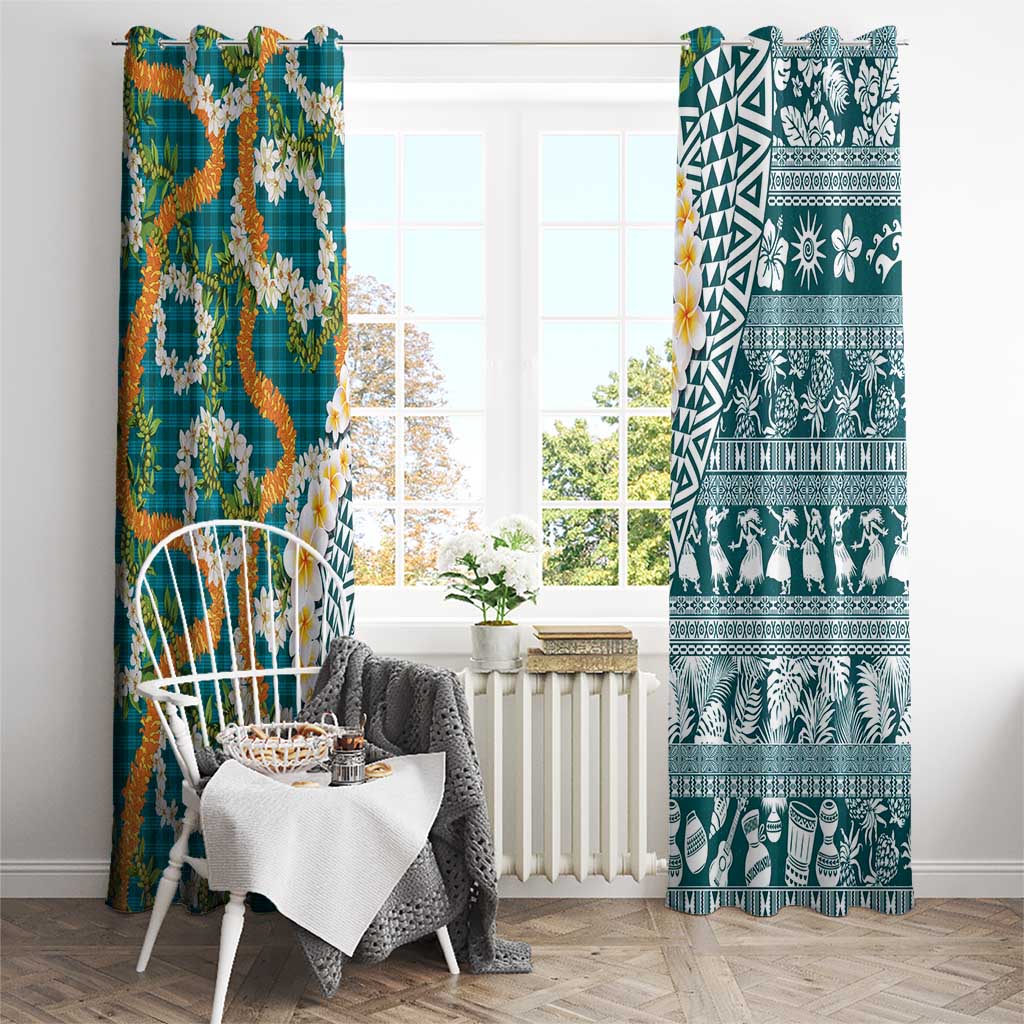 Hawaiian Plumeria Lei Window Curtain Kakau Motifs and Palaka Half Style Turquoise Color - Polynesian Pride