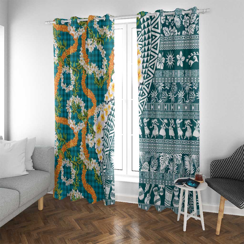 Hawaiian Plumeria Lei Window Curtain Kakau Motifs and Palaka Half Style Turquoise Color - Polynesian Pride