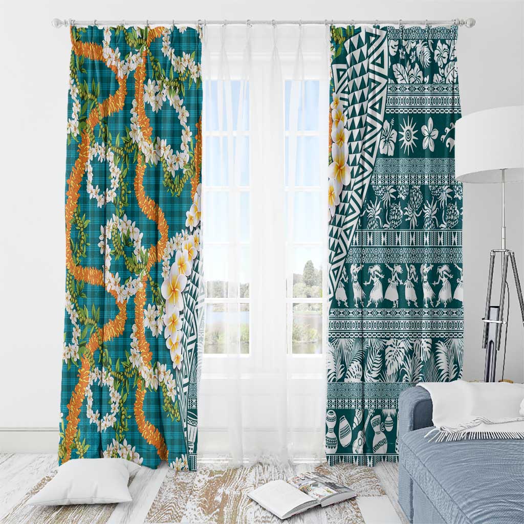 Hawaiian Plumeria Lei Window Curtain Kakau Motifs and Palaka Half Style Turquoise Color - Polynesian Pride