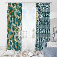 Hawaiian Plumeria Lei Window Curtain Kakau Motifs and Palaka Half Style Turquoise Color - Polynesian Pride