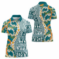 Hawaiian Plumeria Lei Women Polo Shirt Kakau Motifs and Palaka Half Style Turquoise Color - Polynesian Pride