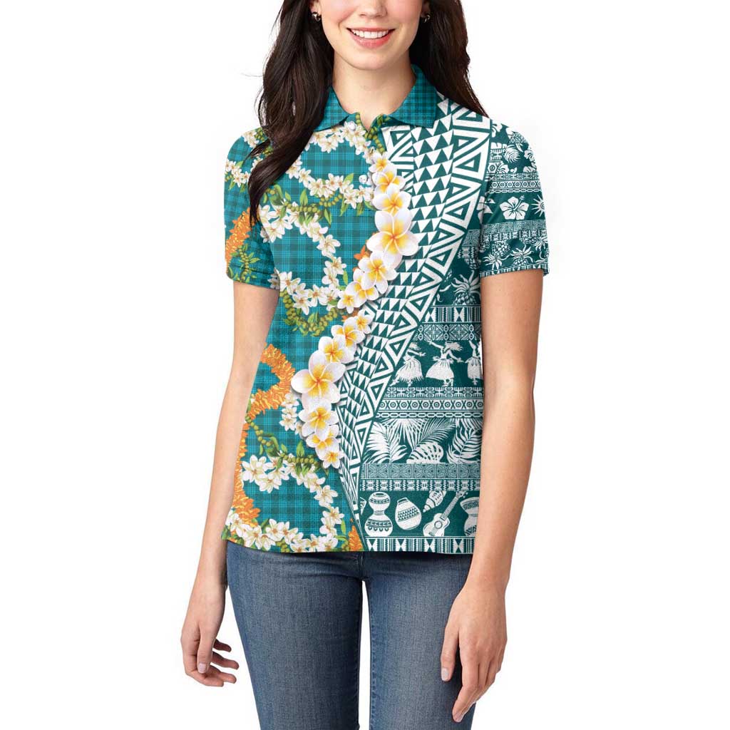 Hawaiian Plumeria Lei Women Polo Shirt Kakau Motifs and Palaka Half Style Turquoise Color - Polynesian Pride