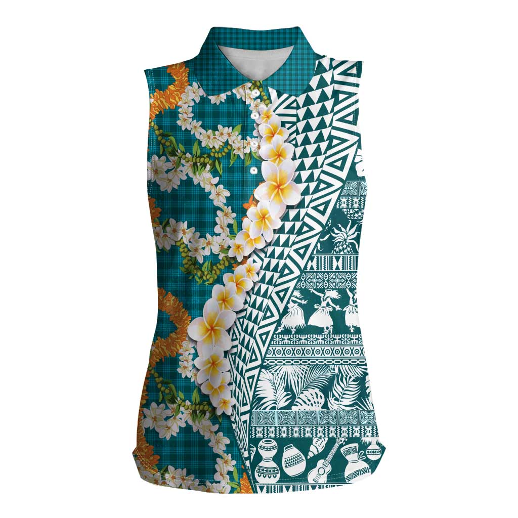 Hawaiian Plumeria Lei Women Sleeveless Polo Shirt Kakau Motifs and Palaka Half Style Turquoise Color LT03 Female Turquoise - Polynesian Pride