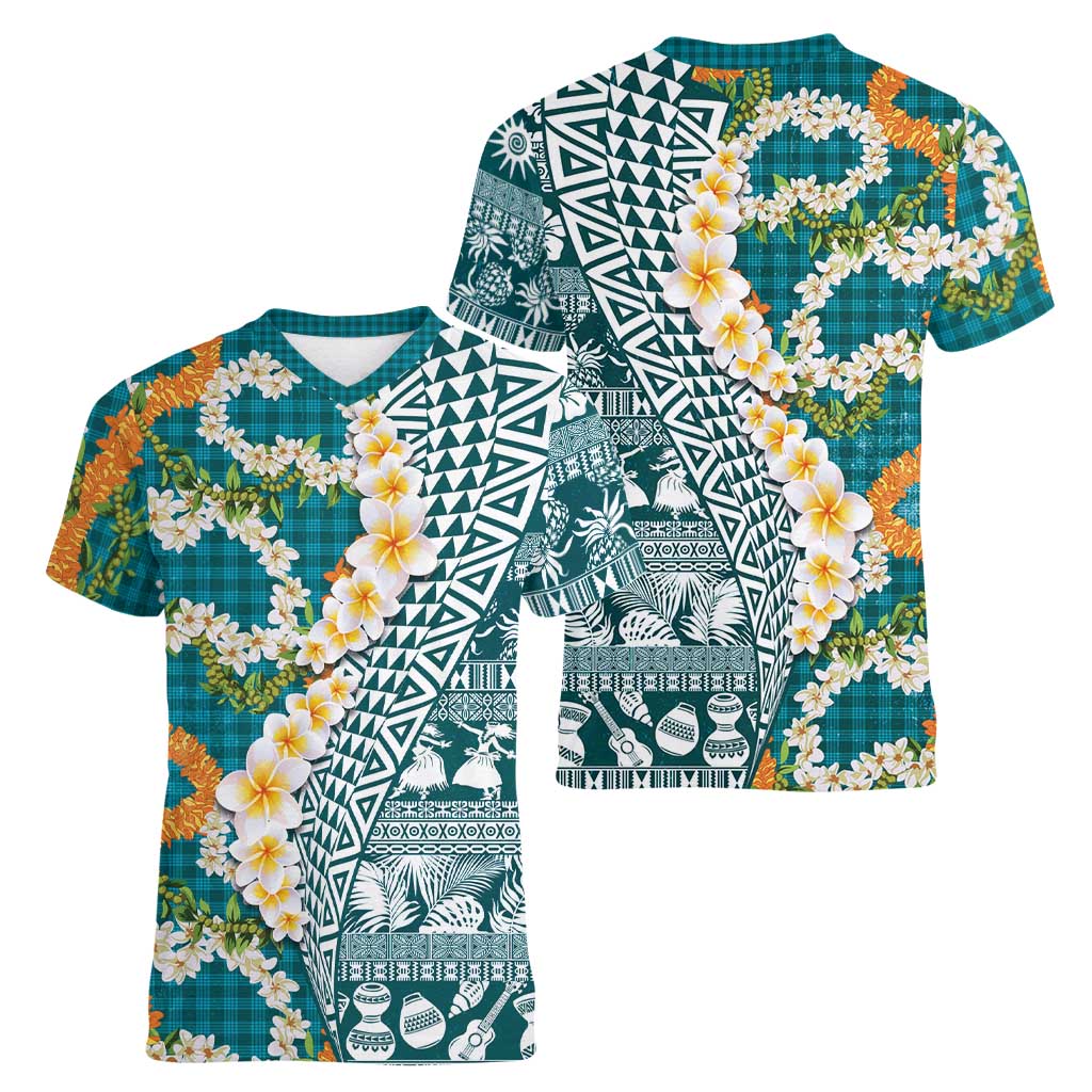 Hawaiian Plumeria Lei Women V-Neck T-Shirt Kakau Motifs and Palaka Half Style Turquoise Color - Polynesian Pride